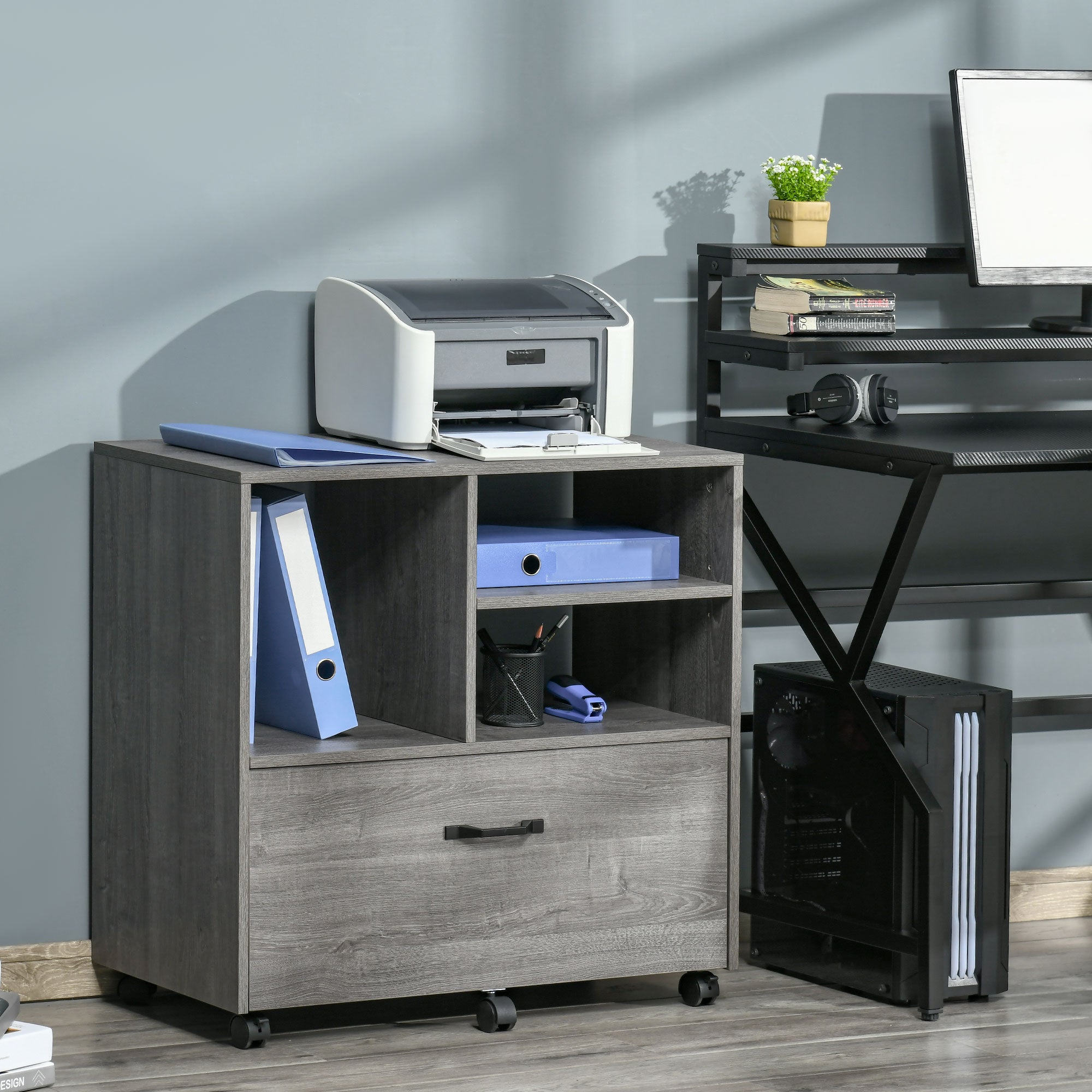 Lateral Filing Cabinet with Open Storage Shelf, Printer Stand, Mobile Office File Cabinet with Wheels for Letter and Legal Sized Files, Grey Office Cabinets & Cupboards at Gallery Canada