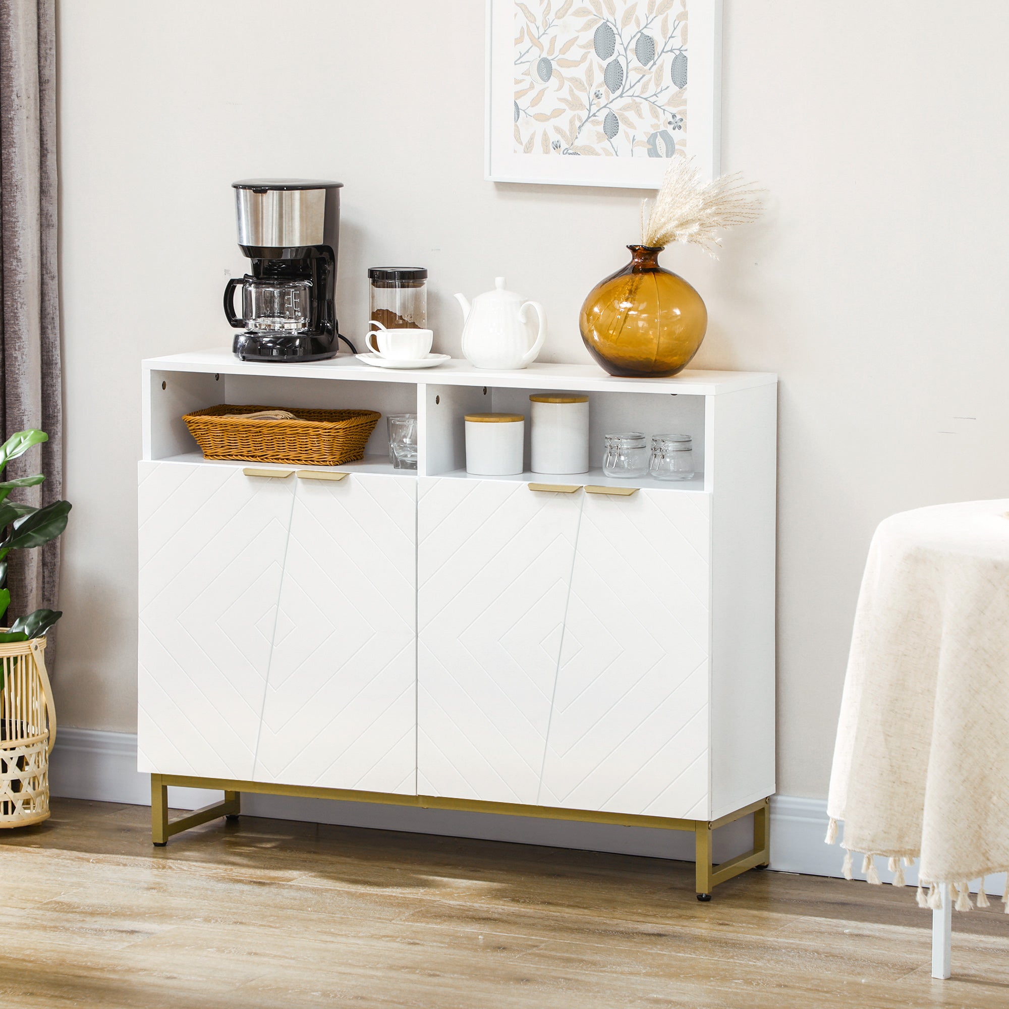 Accent Sideboards, Kitchen Storage Cabinet with 4 Doors, Adjustable Shelves, Metal Base for Living Room, Hallway, White Bar Cabinets   at Gallery Canada