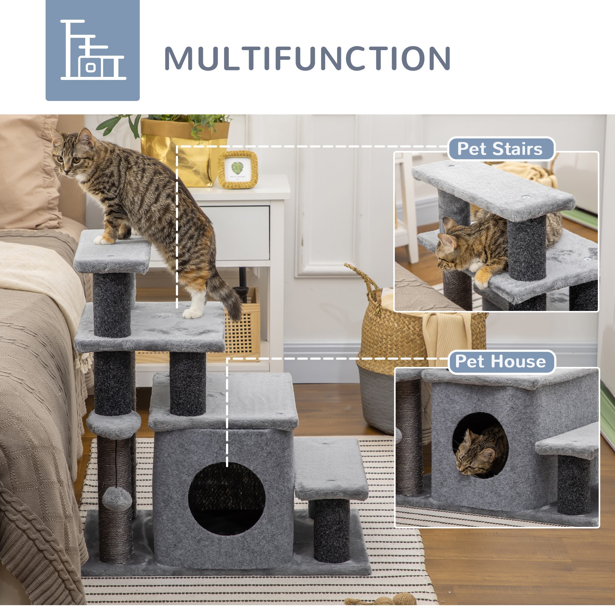 Cat Stairs Pet Steps for Couch Bed with Scratching Posts Condo Ball Toy, 23.6