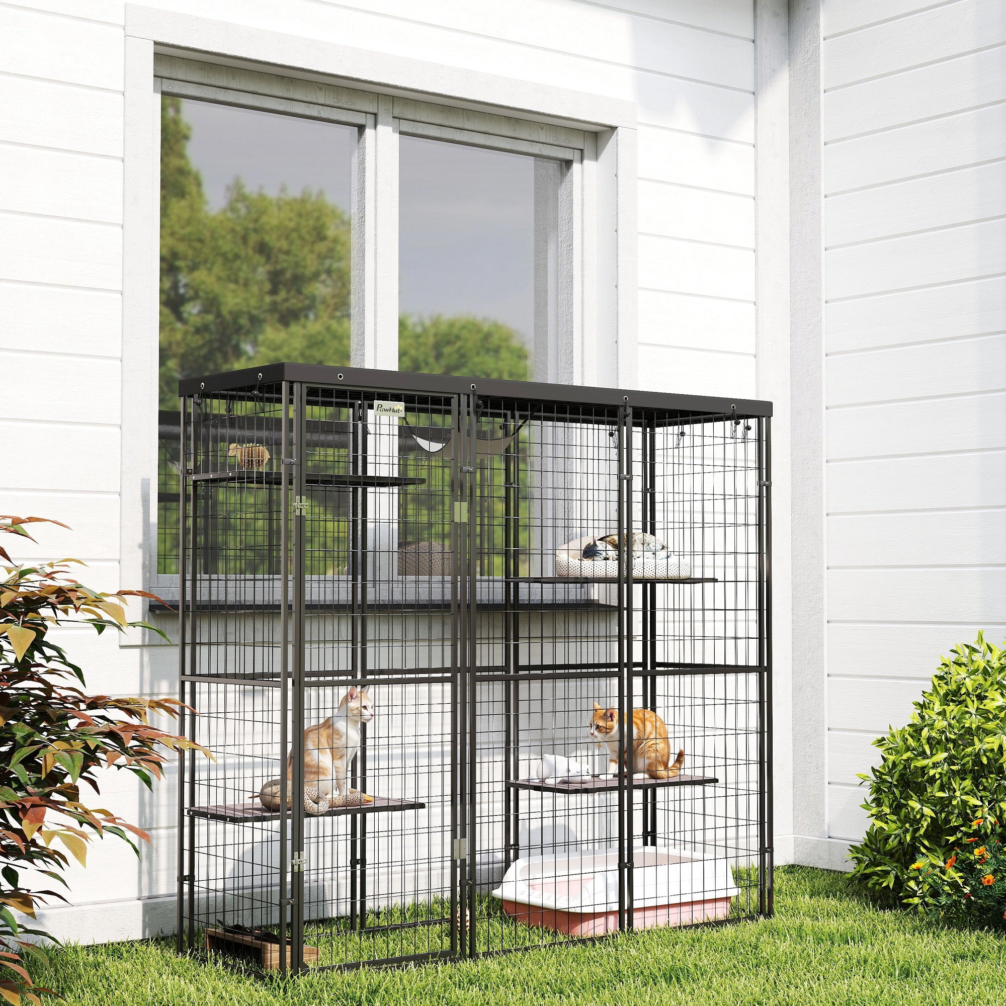 Weld Wire Catio Outdoor Indoor with Waterproof Cover, 4 Jumping Platforms, Hammock, 69