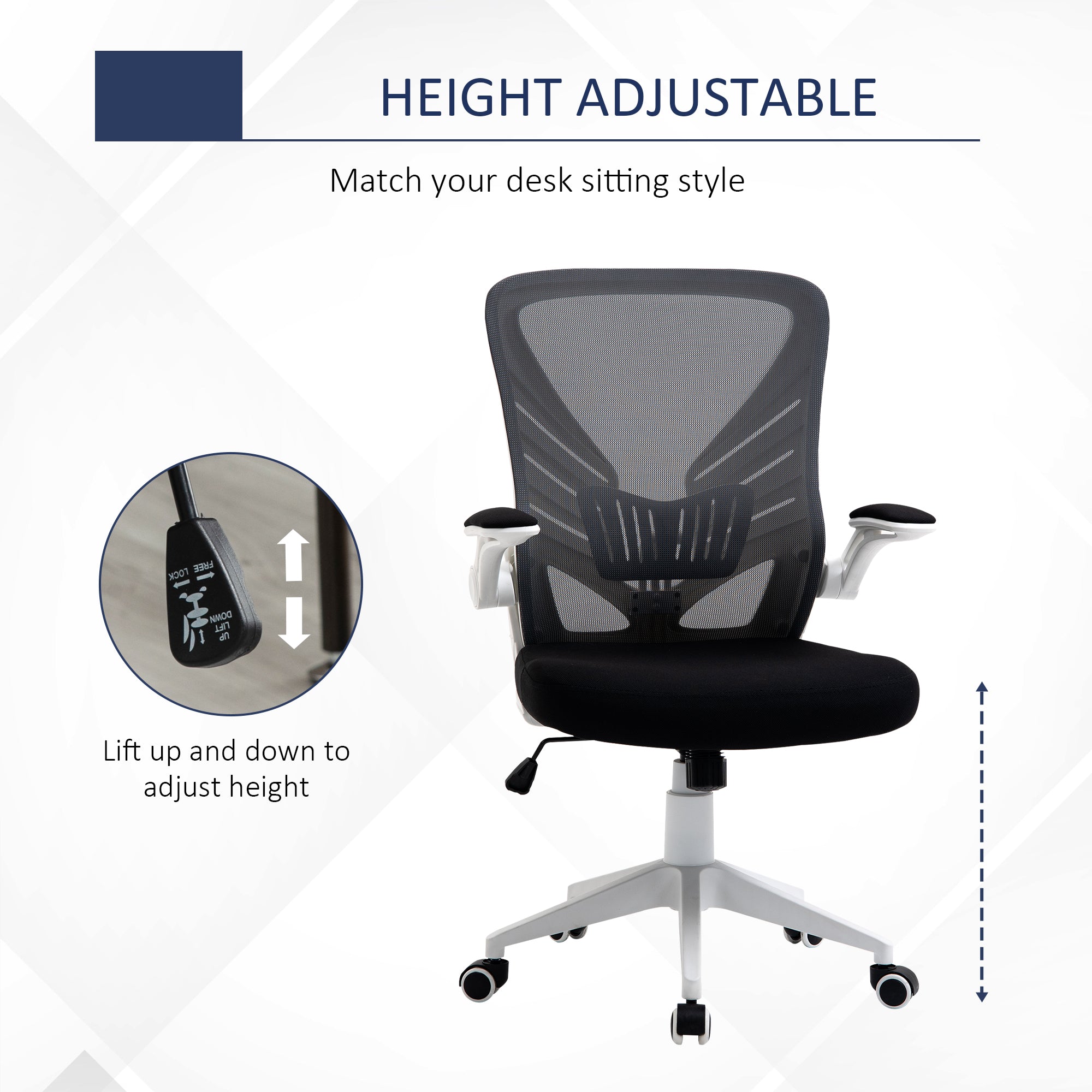 Mesh Office Chair Swivel Task Desk Chair with Lumbar Back Support, Flip-Up Arm, Adjustable Height, Grey Black Task Chairs at Gallery Canada