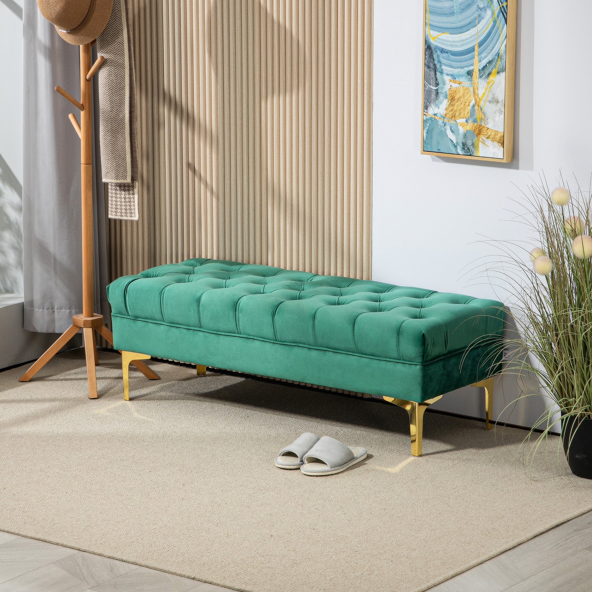 End of Bed Bench, Upholstered Bench, Entryway Shoe Bench with Button Tufted for Living Room, Bedroom, Dark Green Storage Ottomans & Benches at Gallery Canada