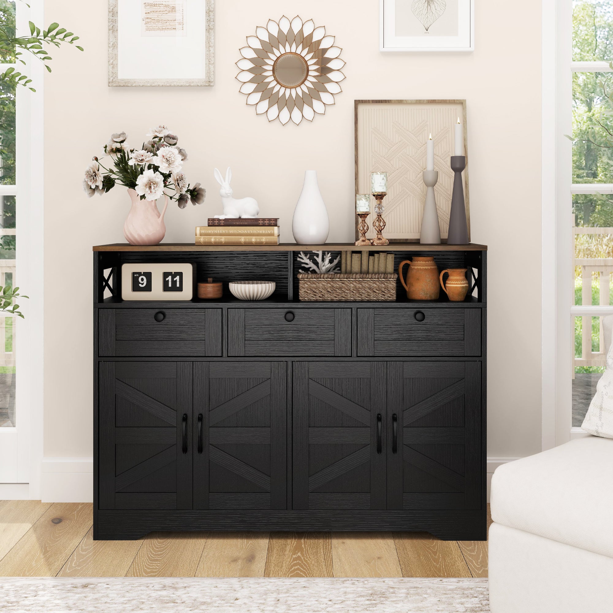 Sideboard, Buffet Cabinet with 4 Barn Doors and 3 Drawers, Coffee Bar Cabinet with Adjustable Shelves, Black Storage Cabinets at Gallery Canada