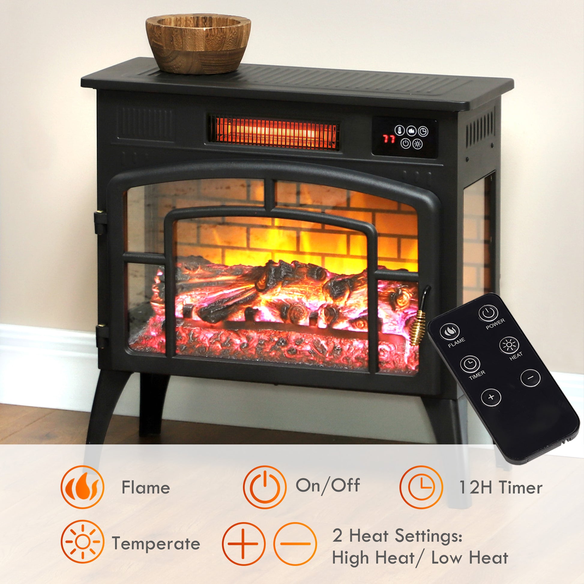 Electric Fireplace Stove, Infrared Fireplace Heater with Realistic Flame, Adjustable Temperature, 1500W, Black Electric Fireplaces   at Gallery Canada