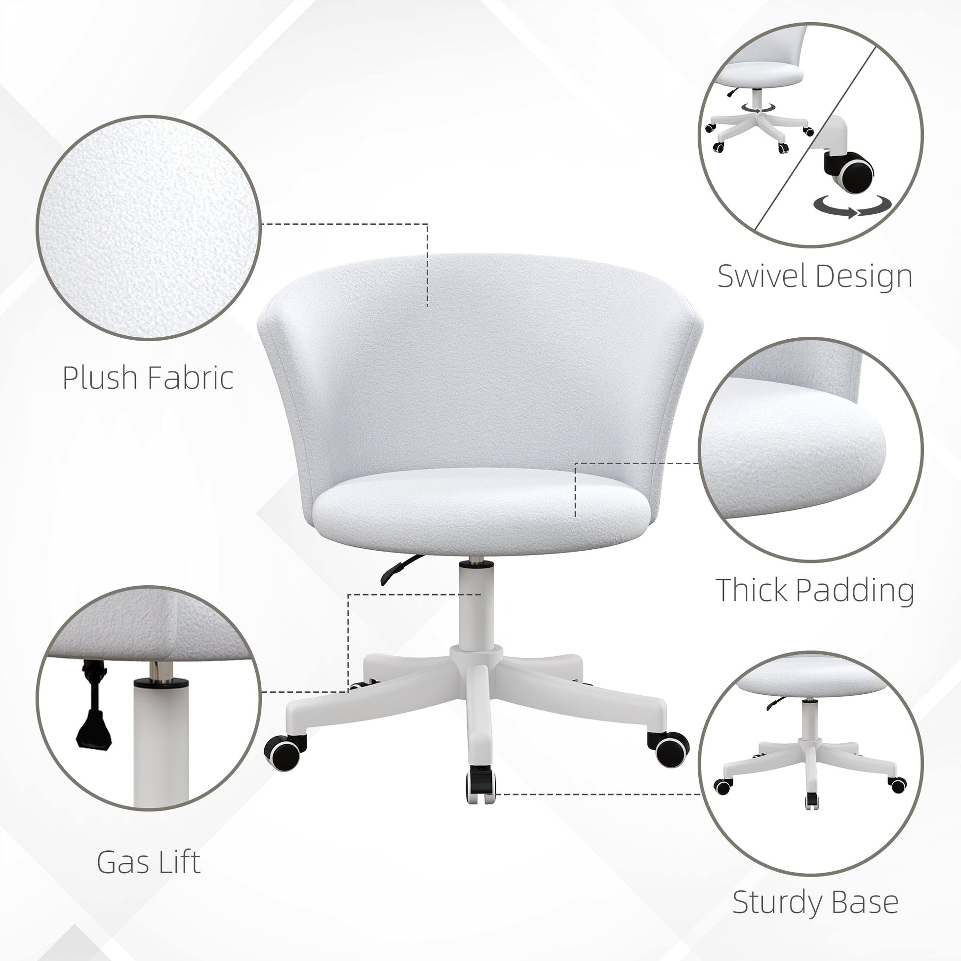 Armless Office Chair, Fluffy Computer Desk Chair with Adjustable Height, Swivel Wheels, Mid Back, White Task Chairs   at Gallery Canada