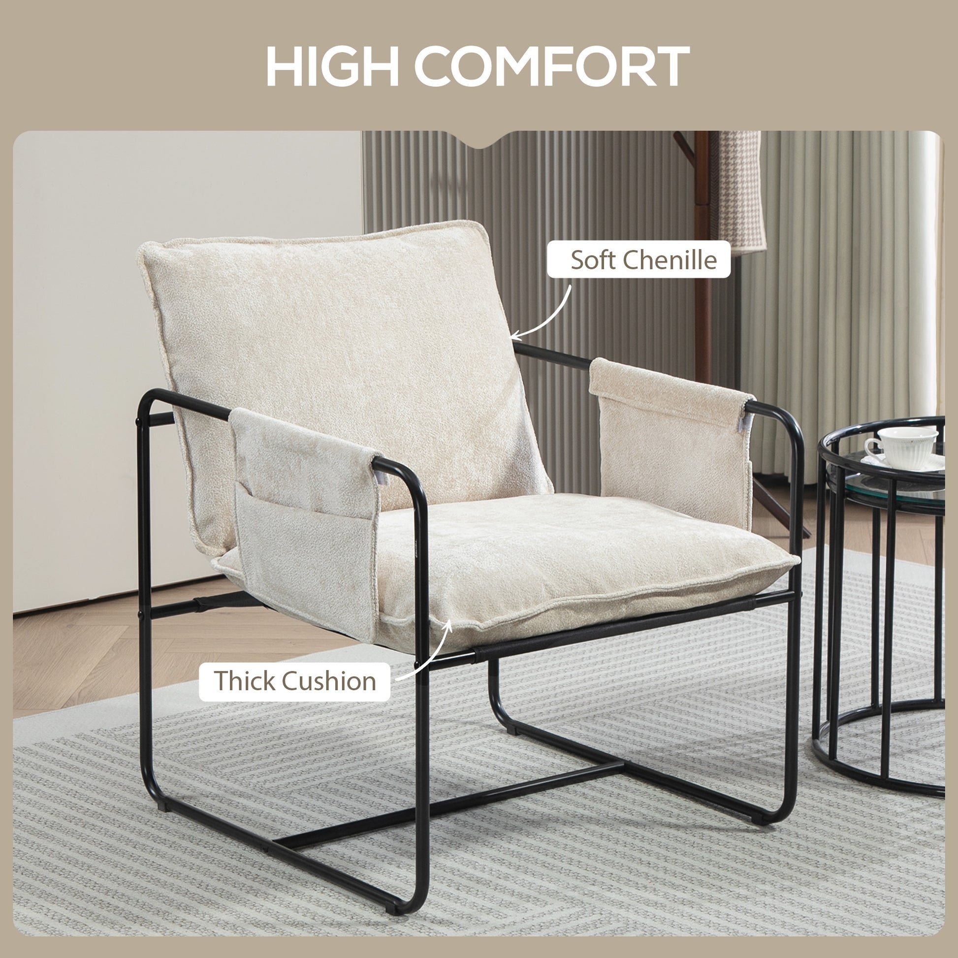 Modern Accent Chair, Upholstered Armchair with Side Pockets and Steel Frame, Comfy Reading Chair for Bedroom, Beige Accent Chairs at Gallery Canada