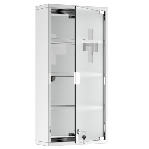 Wall Mount Medicine Cabinet, Bathroom Cabinet with 4 Tier Shelves, Stainless Steel Frame and Glass Door, Lockable with 2 Keys, Silver, 12