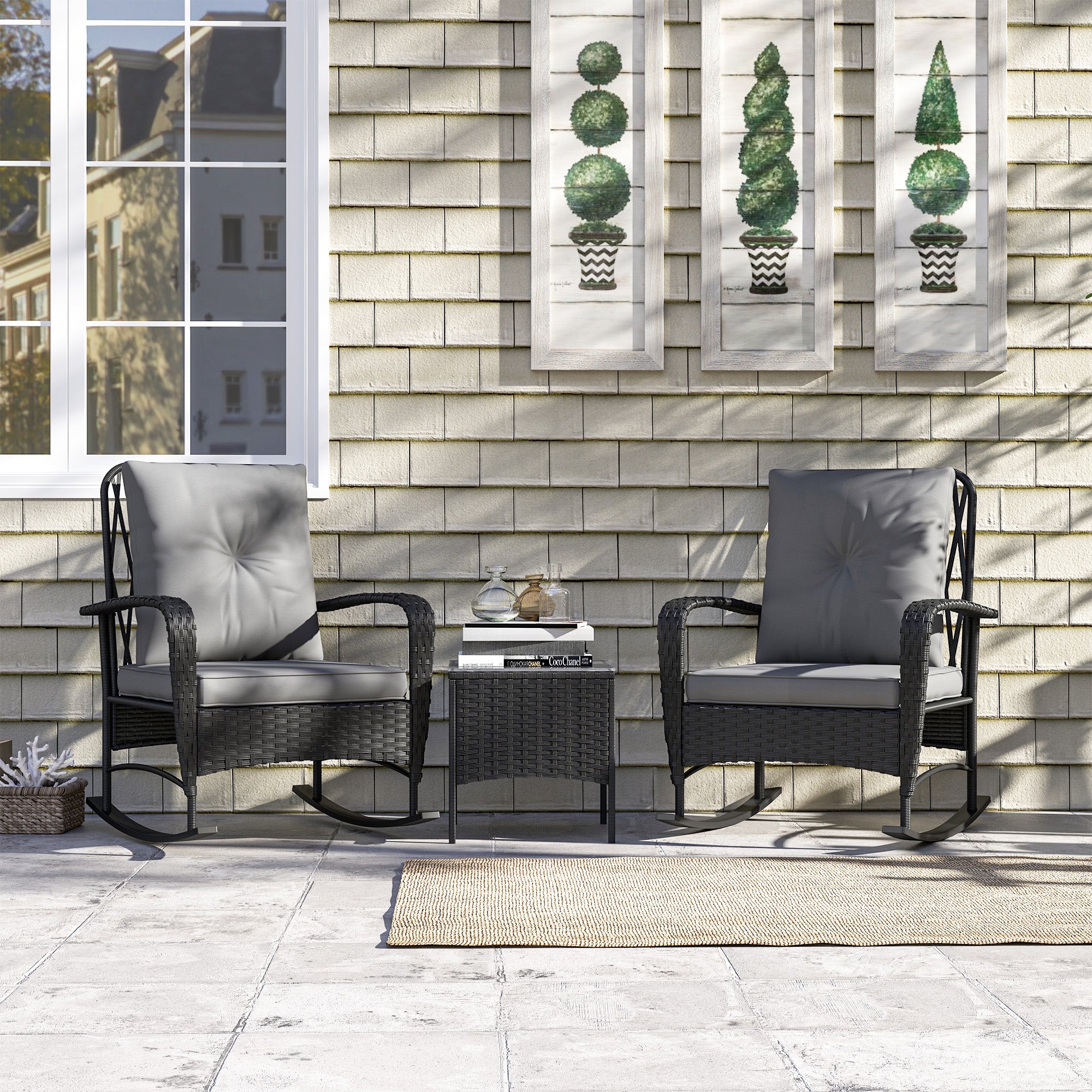 3 Pieces Rattan Bistro Set, Wicker Patio Furniture with Rocking Chairs, Thick Cushions for Porch Balcony, Grey Bistro Sets at Gallery Canada