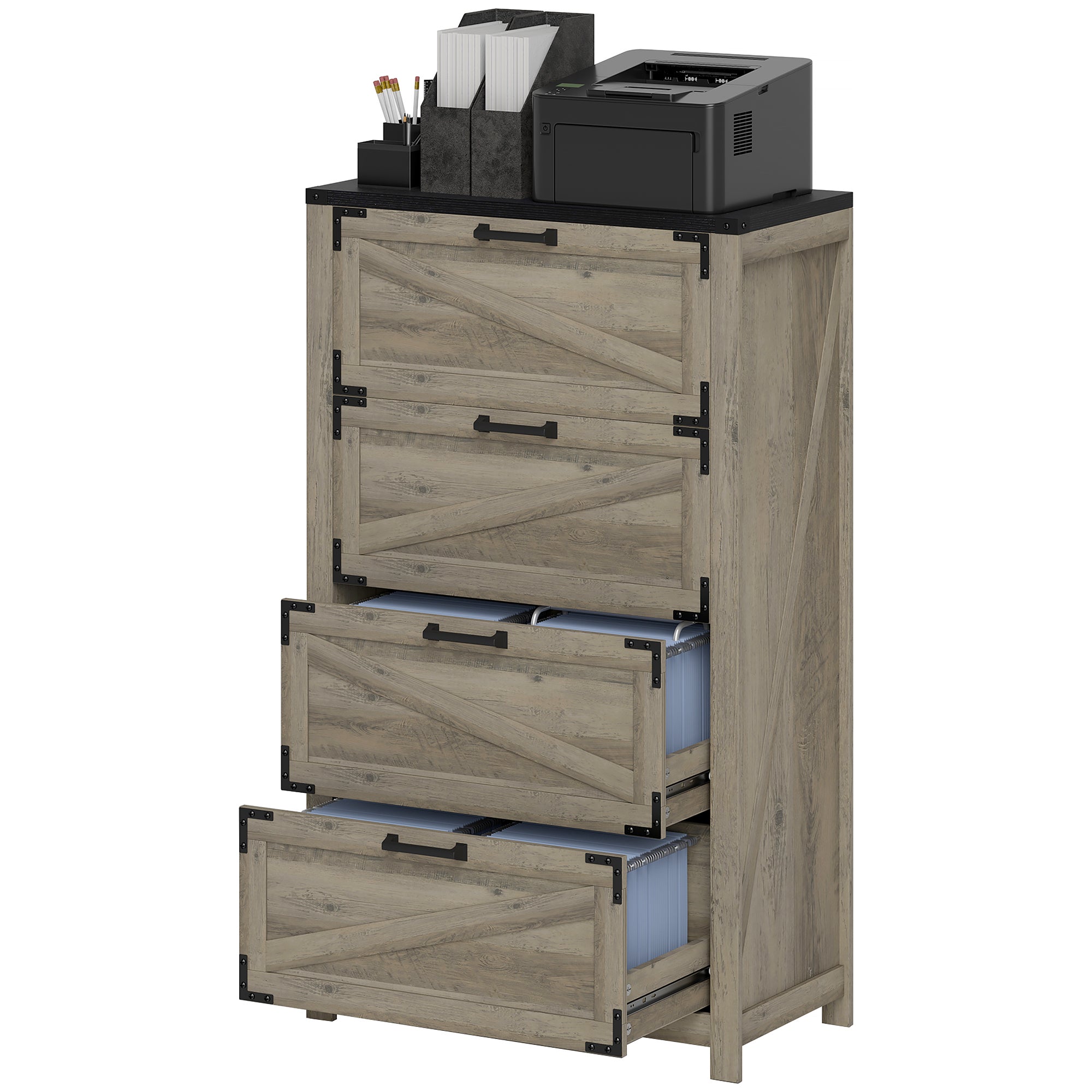 4 Drawer Filing Cabinet, Farmhouse Office Storage Cabinet with Adjustable Hanging Bars for Letter, A4, Legal Size, Grey Office Cabinets & Cupboards Grey Wash at Gallery Canada