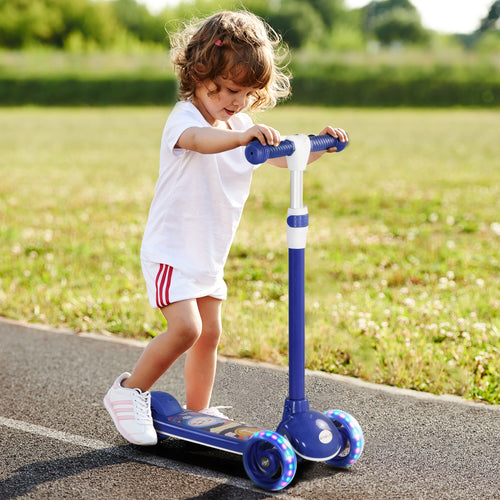 3 Wheel Kids Scooter, Toddler Kick Scooter with Adjustable Height, Rear-Fender Brake, LED Light, TPE Handlebar, Blue