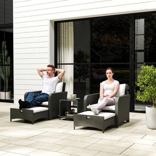 5 Piece Rattan Balcony Furniture Set, Wicker Outdoor Furniture Set with 2-Tier Coffee Table, Ottomans, Grey, Cream White