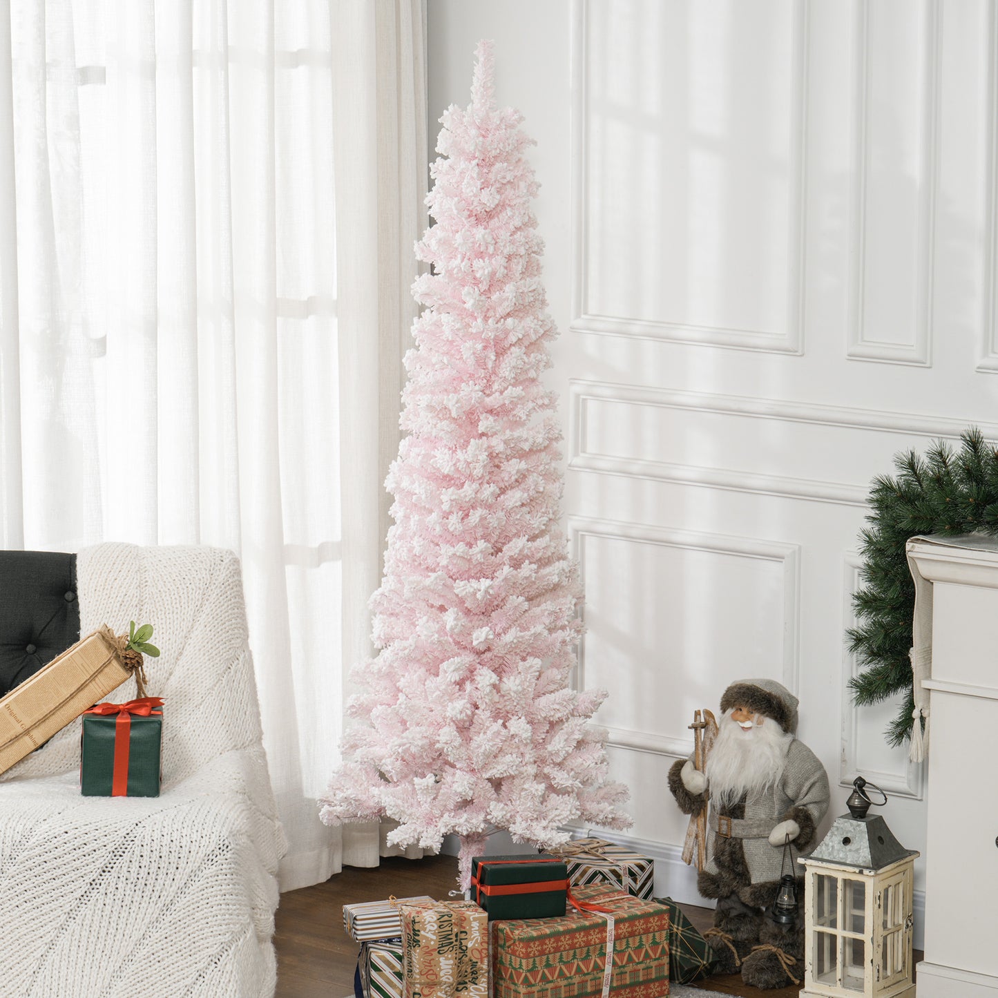 7.5ft Flocked Christmas Tree, Pencil Christmas Tree with Realistic Branch Tips, Folding Metal Stand, Pink Pencil Christmas Trees Pink  at Gallery Canada