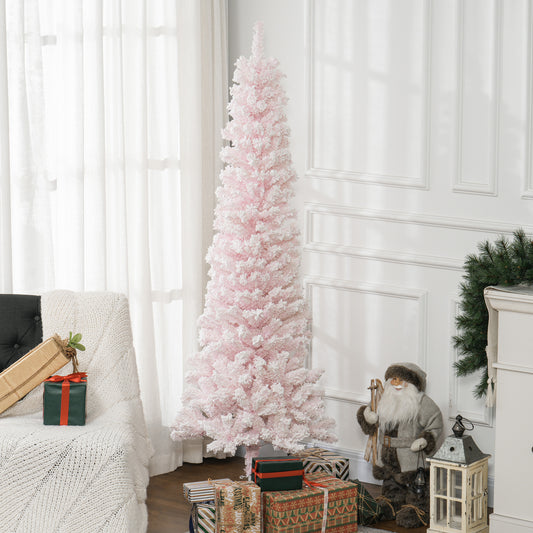 7.5ft Flocked Christmas Tree, Pencil Christmas Tree with Realistic Branch Tips, Folding Metal Stand, Pink Pencil Christmas Trees   at Gallery Canada