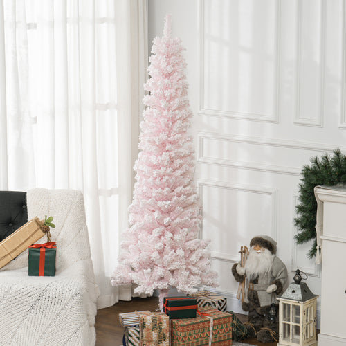 7.5ft Flocked Christmas Tree, Pencil Christmas Tree with Realistic Branch Tips, Folding Metal Stand, Pink