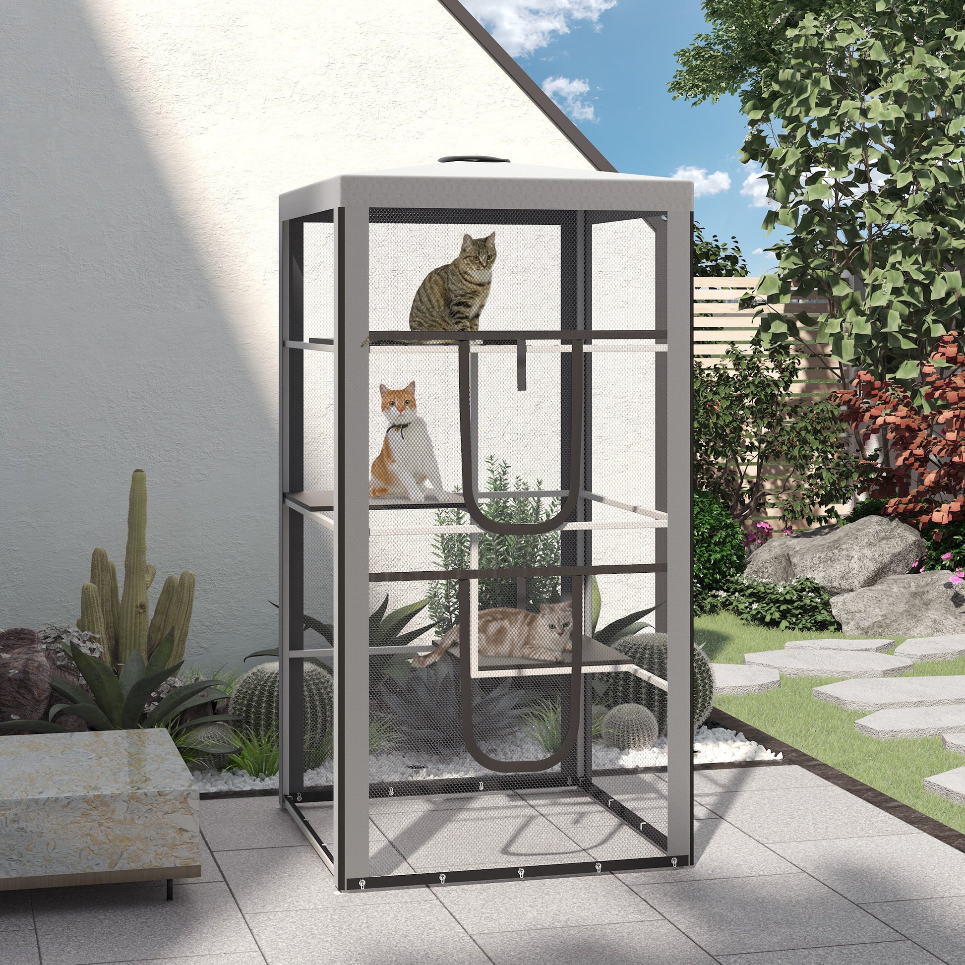 79" Cat Cage, Large Outdoor Kitten House, Indoor Cage Pet Kennel Playpen with 3 Platforms Door 4 Sandbags - Grey Outdoor Cat Enclosures   at Gallery Canada