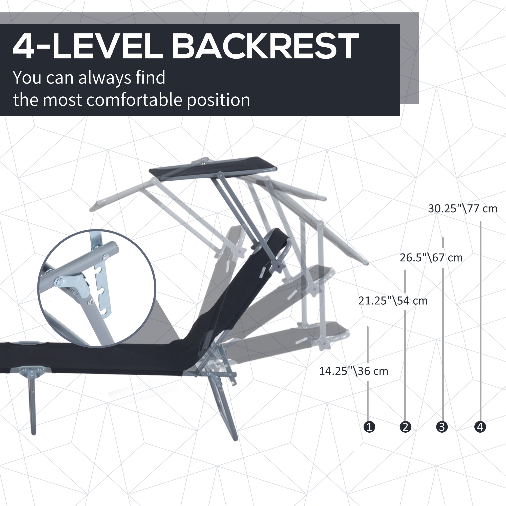 Outdoor Lounge Chair, Adjustable Folding Chaise Lounge, Tanning Chair with Sun Shade for Beach, Camping, Hiking, Backyard, Black Lounger Chairs   at Gallery Canada