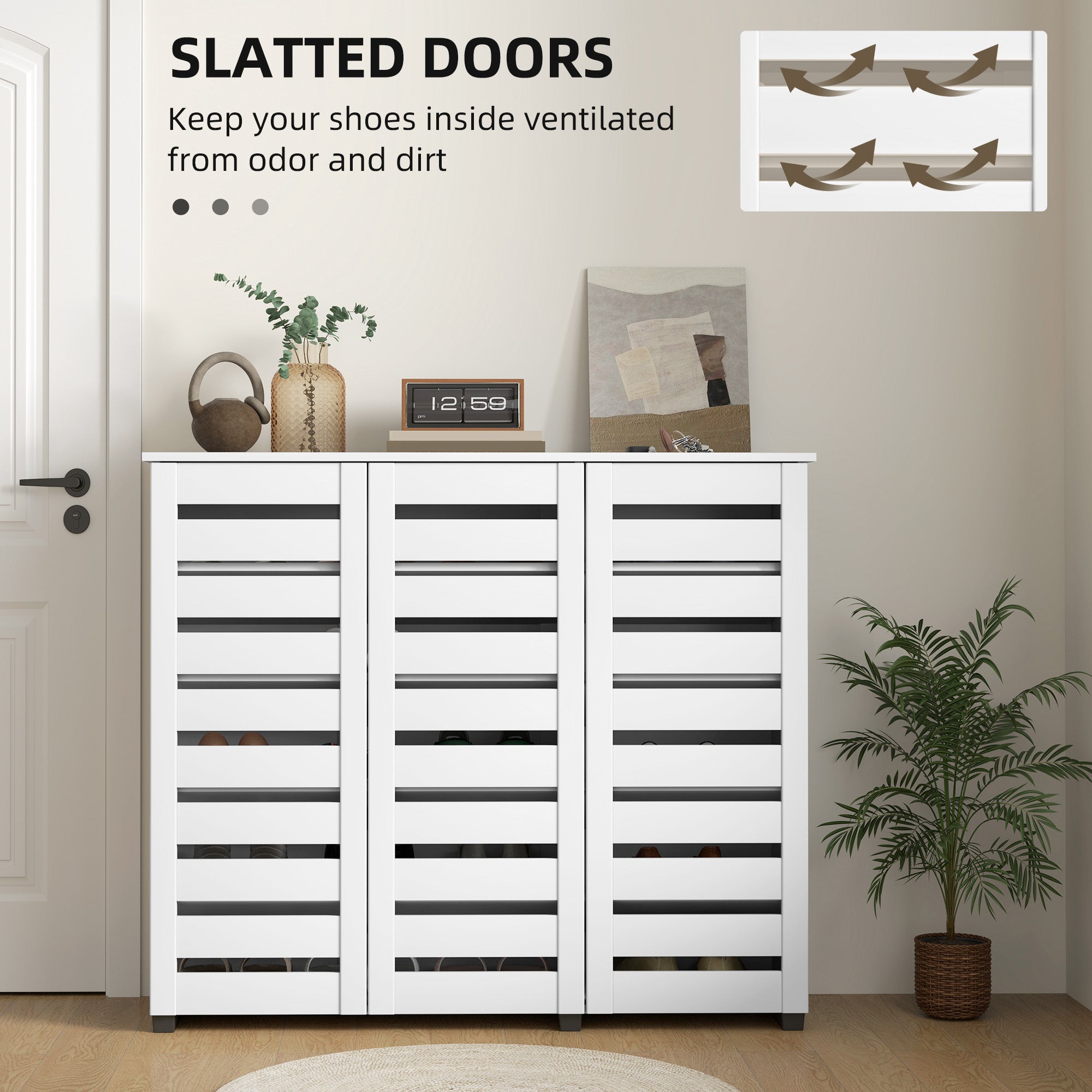 Narrow Shoe Cabinet with Slatted Doors, Adjustable Shelves for 20 Pairs of Shoes, Shoe Cabinet for Entryway, White Shoe Storage Cabinets & Racks at Gallery Canada