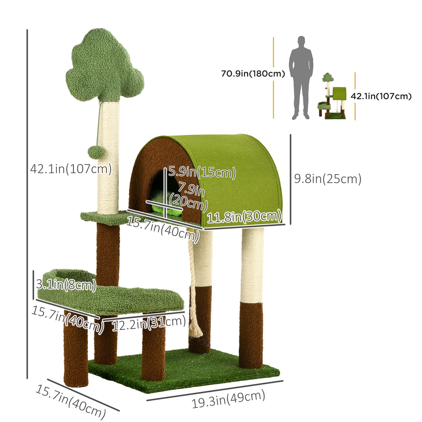 42" Cat Tree with Scratching Posts, Cat Tower for Indoor Cats with Bed, House, Toy, Forest Themed, Green Cat Towers   at Gallery Canada