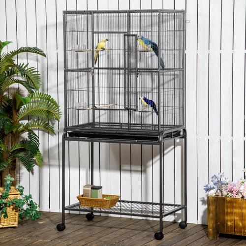 30'' Large Rolling Metal Bird Cage Bird House with Detachable Rolling Stand, Storage Shelf, Wood Perch Food Container - Black