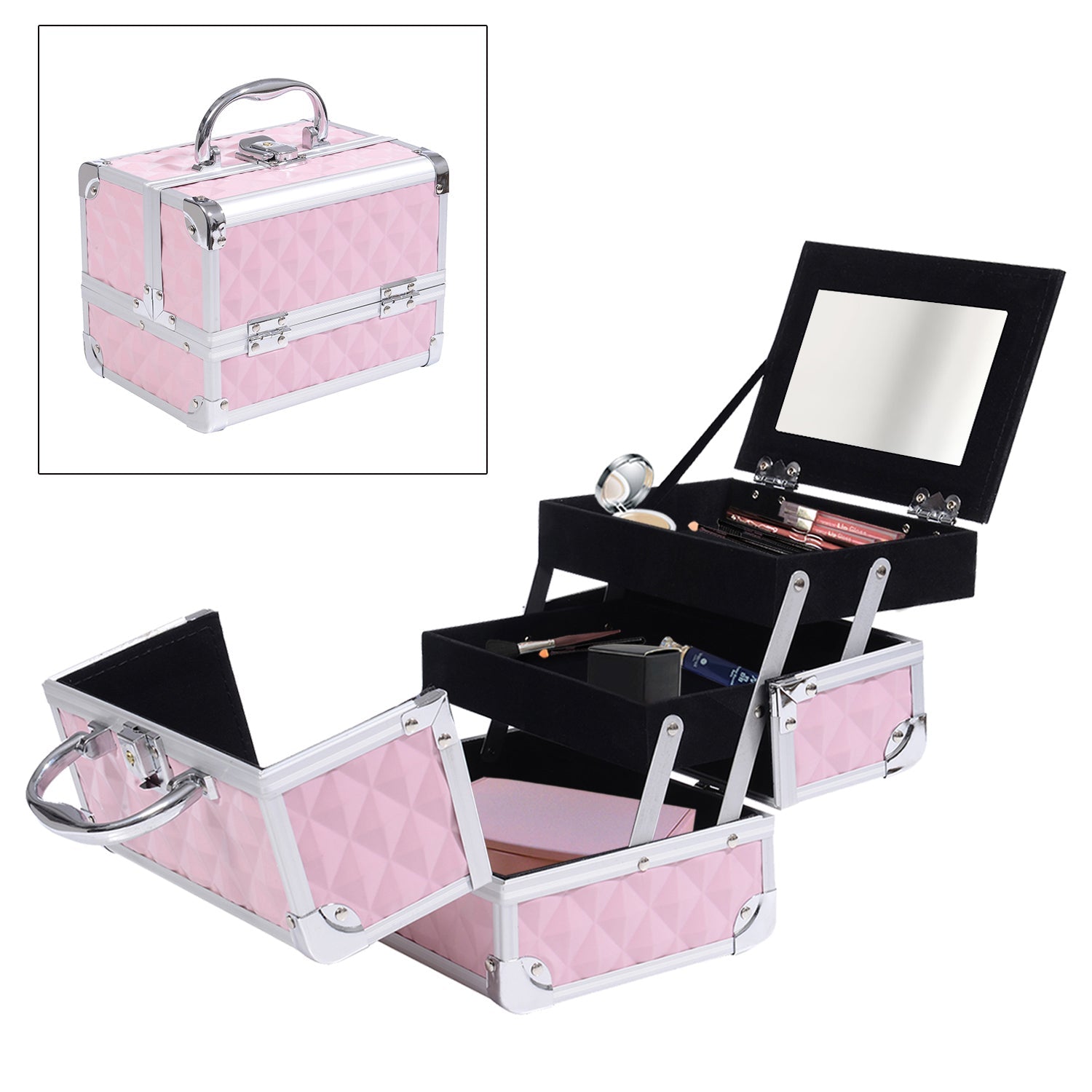 3 Tier Diamond Texture Makeup Train Case Cosmetic Organizer with Mirror, Pink Makeup Cases Pink  at Gallery Canada