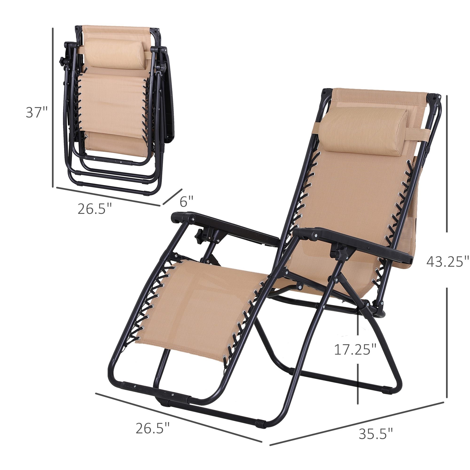 2 Piece Foldable Lounge Chair with Canopy Shade, Outdoor Zero Gravity Chair with Side Tray &; Cup Holder, Reclining Lounger with Breathable Mesh Fabric Seat, Pillow, Beige Lounger Chairs at Gallery Canada