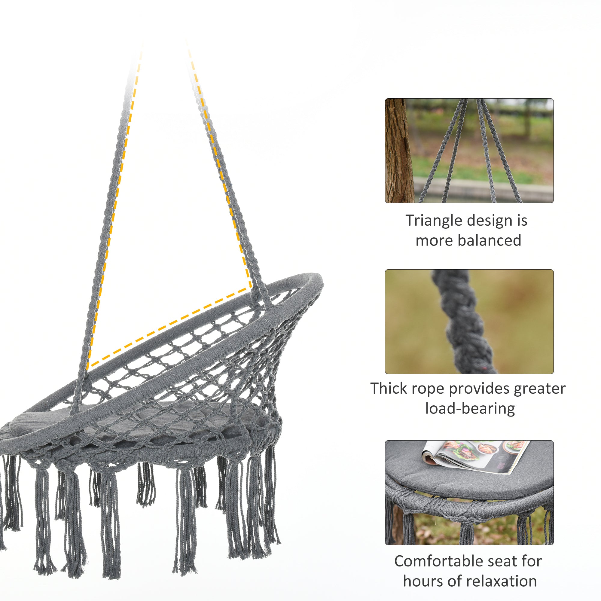 Patio Hammock Chair, Hanging Rope Hammock Swing for Indoor &; Outdoor Use with Backrest, Cotton-Polyester Blend, Fringe Tassels, Dark Grey Hammock Swings at Gallery Canada