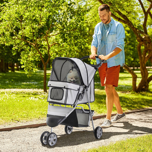 Deluxe 3 Wheels Pet Stroller Foldable Dog Cat Carrier Strolling Jogger with Brake, Canopy, Cup Holders and Bottom Storage Space (Grey) - Gallery Canada