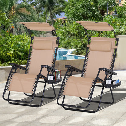 2 Piece Foldable Lounge Chair with Canopy Shade, Outdoor Zero Gravity Chair with Side Tray &; Cup Holder, Reclining Lounger with Breathable Mesh Fabric Seat, Pillow, Beige Lounger Chairs at Gallery Canada