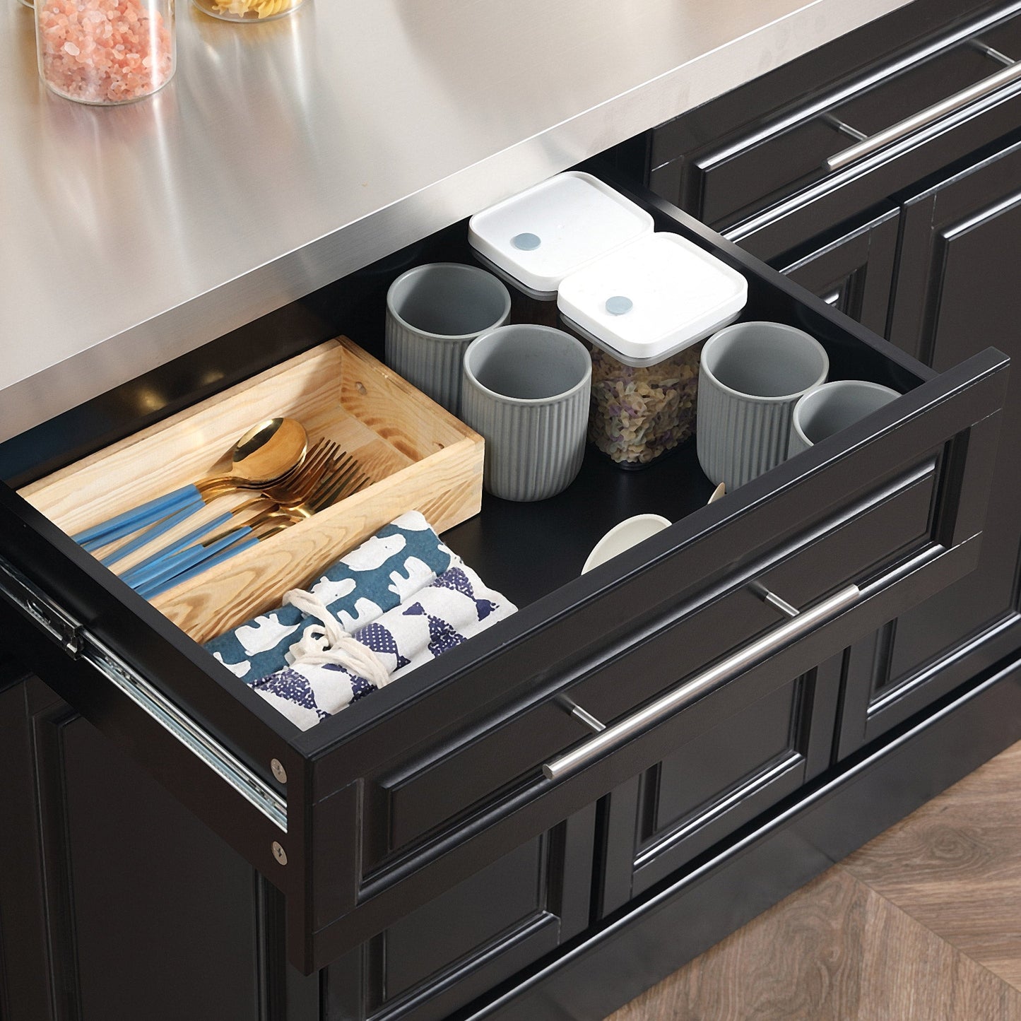 Rolling Kitchen Island with Storage and Stainless Steel Top, Kitchen Trolley with Drawers, Cabinets, Towel Rack Kitchen Islands & Kitchen Carts   at Gallery Canada