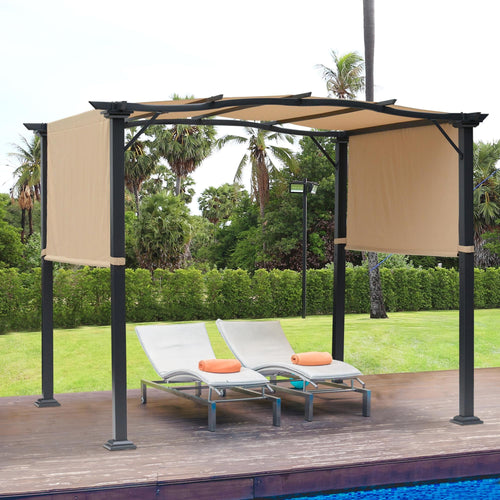 10' x 8' Outdoor Pergola Garden Gazebo with Two Adjustable Side Canopy Overhead Sun Shade Backyard Canopy Cover Khaki