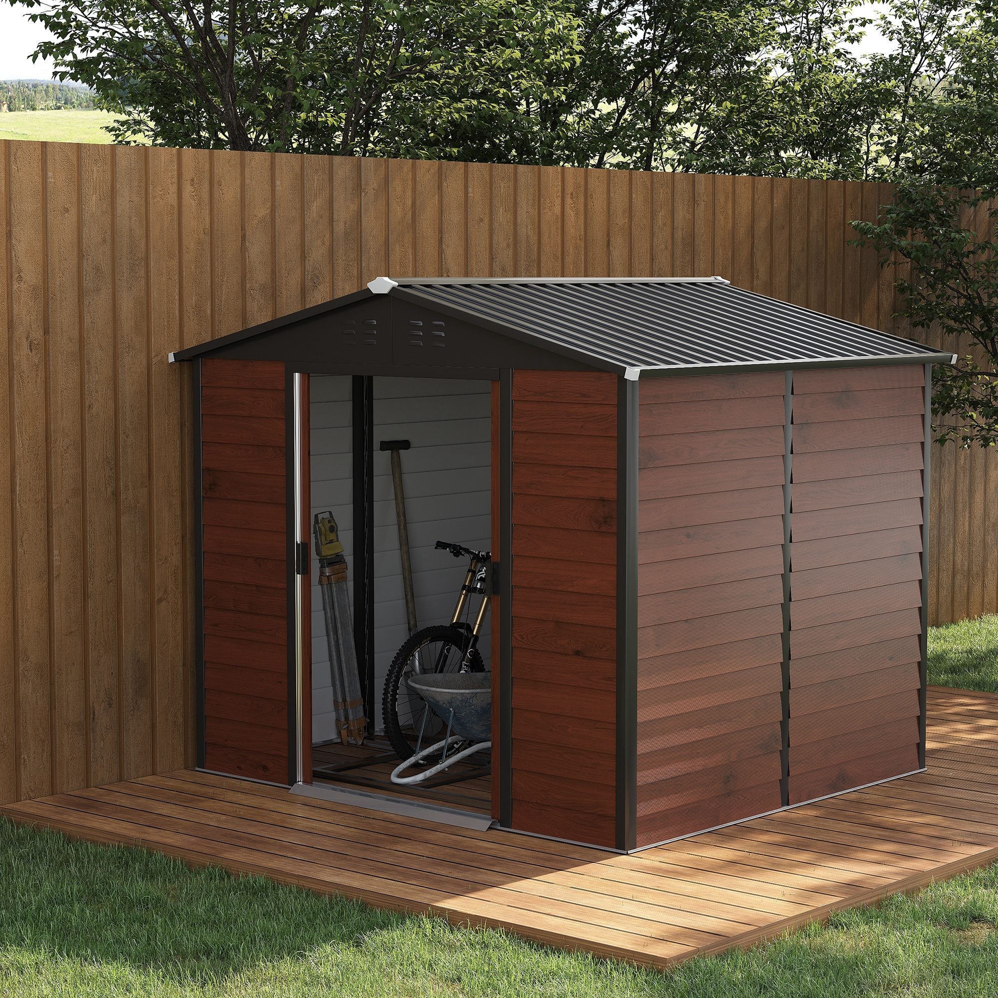 Galvanized Steel 8' x 7' Outdoor Storage Shed with Lockable Doors, Teak Sheds   at Gallery Canada