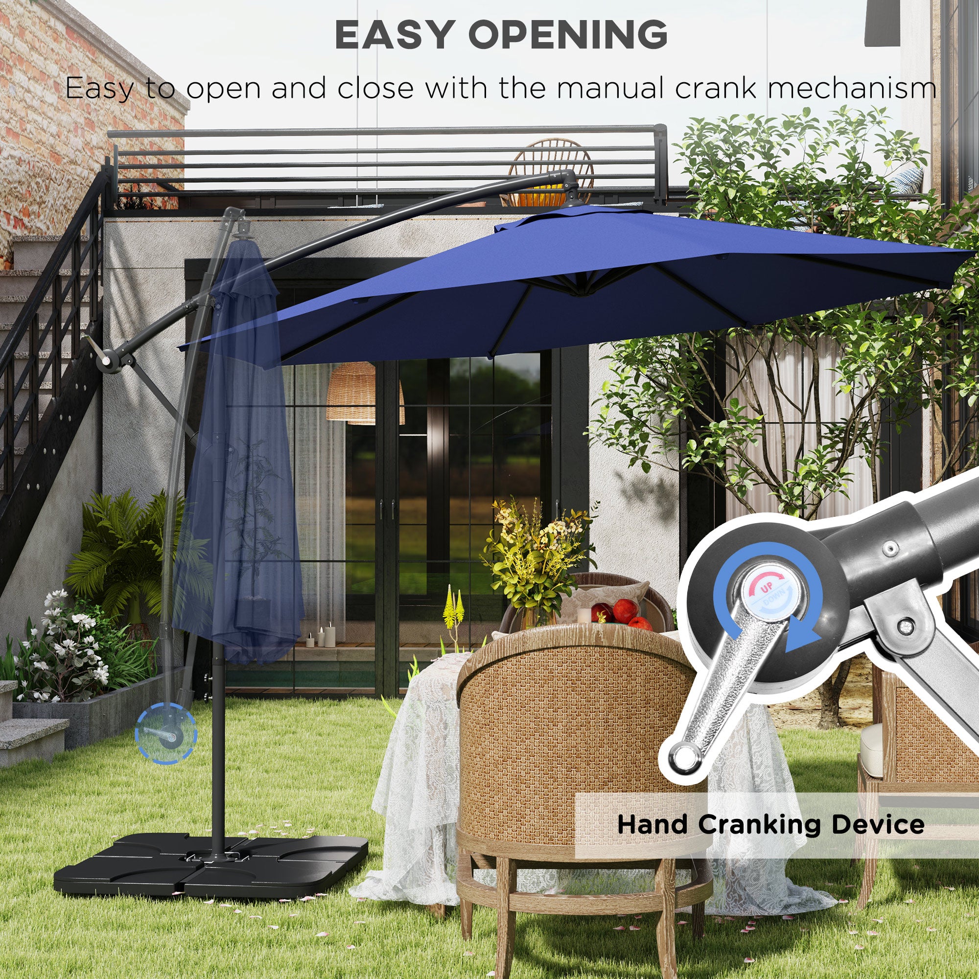 9.6ft Offset Patio Umbrella Garden Hanging Parasol Banana Cantilever Umbrella with Base, Crank, Navy Blue Offset Cantilever Umbrellas at Gallery Canada