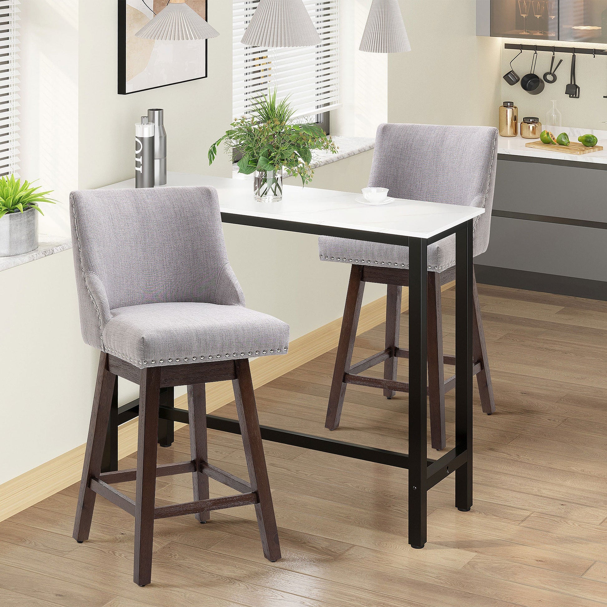 Swivel Bar stool Set of 2 Armless Upholstered Bar Chairs with Nailhead-Trim, Wood Legs, Light Grey Bar Stools   at Gallery Canada