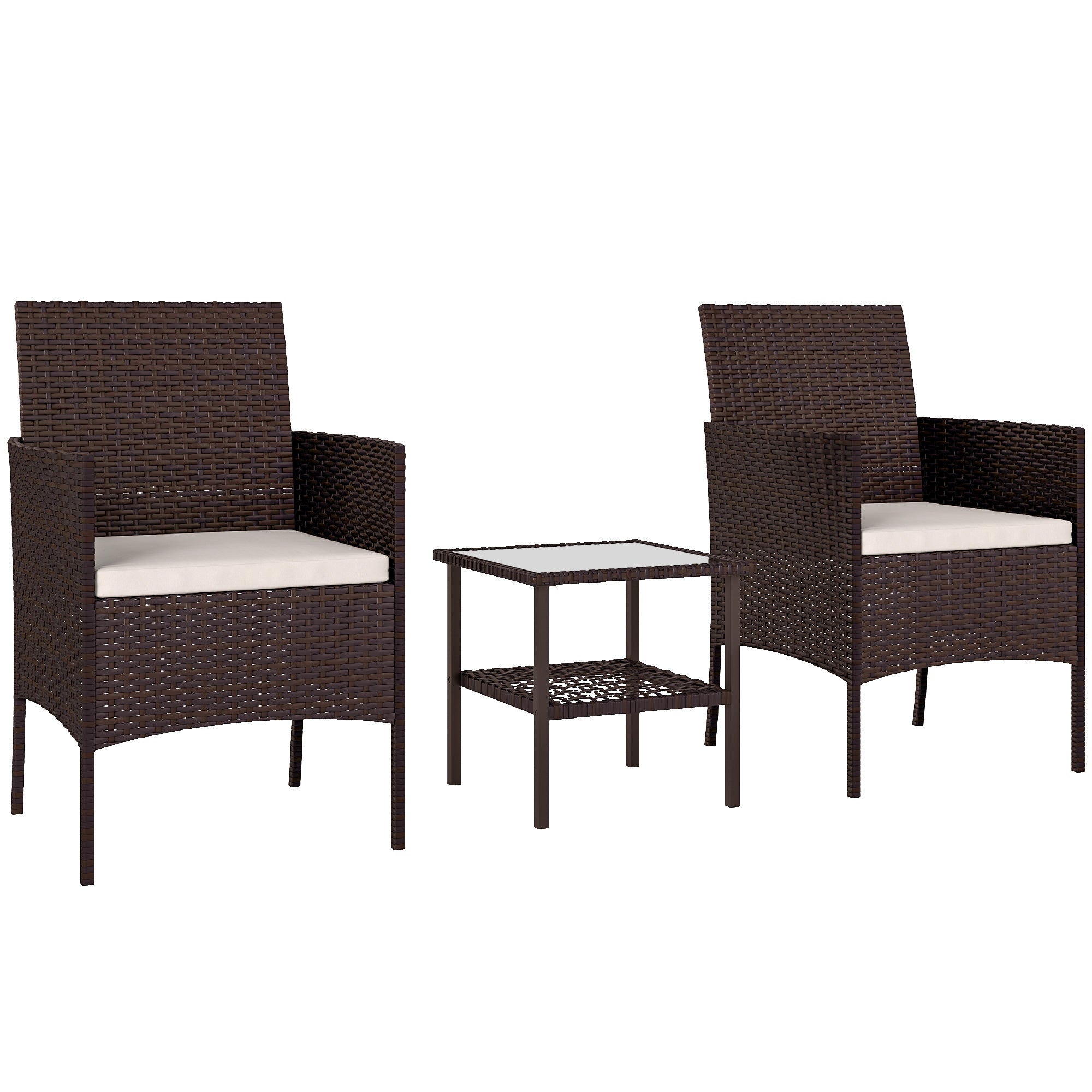 Wicker Bistro Set, 3 Piece Patio Furniture Set with 2-Tier Glass Top Table, Cushions for Balcony, Porch, Beige Bistro Sets at Gallery Canada