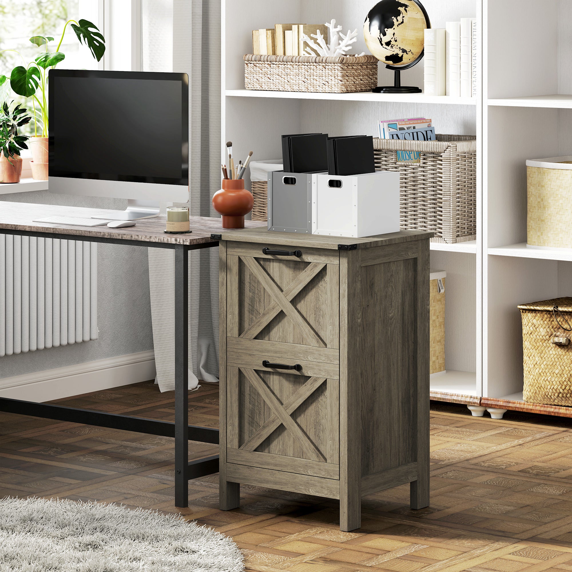Vertical Filing Cabinet with 2 Drawers, Rustic Farmhouse Office Storage Cabinet for A4, Letter Size, Grey Wash Office Cabinets & Cupboards at Gallery Canada