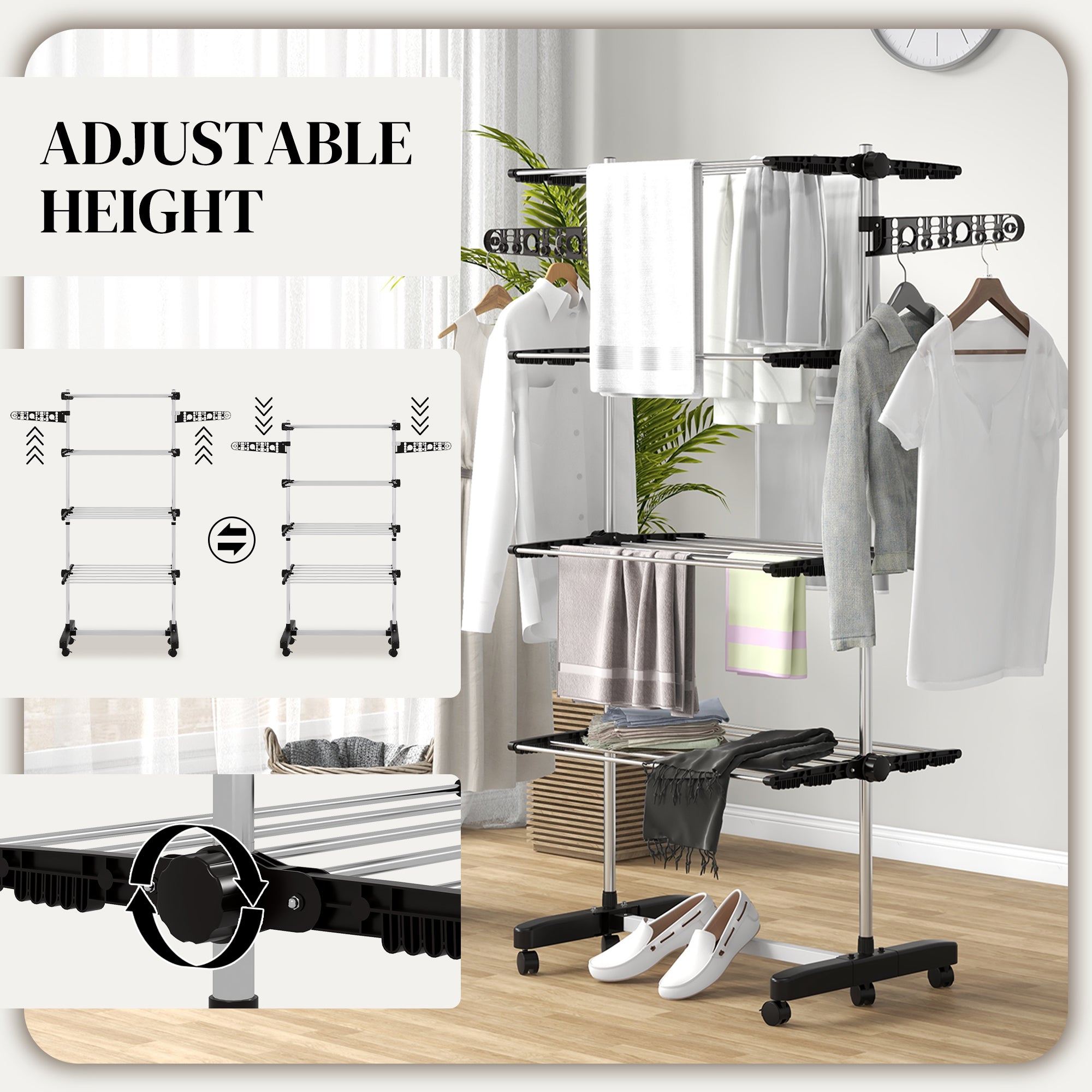 Garment Drying Rack Stainless Steel Folding Clothes Hanging Rack with Side Wings Castors for Indoor Outdoor Black Bath Accessories at Gallery Canada