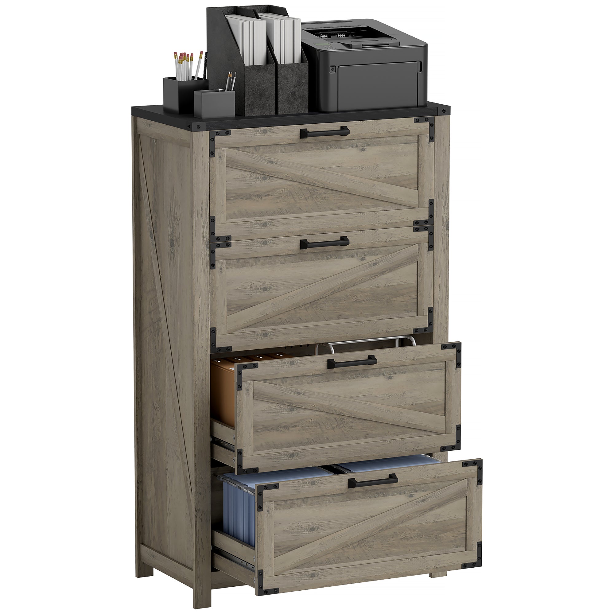 4 Drawer Filing Cabinet, Farmhouse Office Storage Cabinet with Adjustable Hanging Bars for Letter, A4, Legal Size, Grey Office Cabinets & Cupboards at Gallery Canada