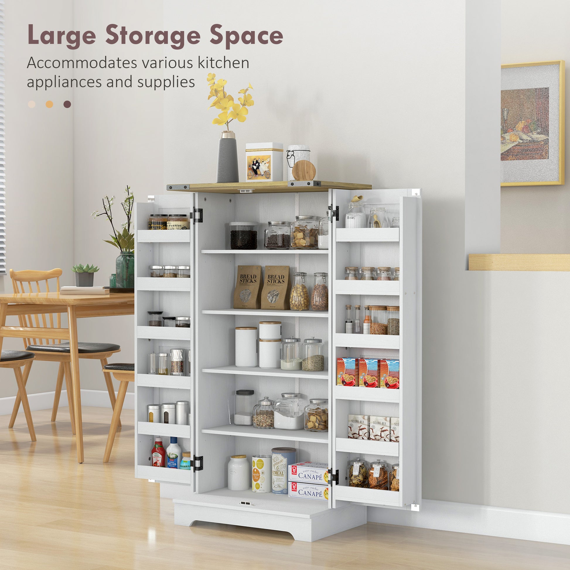 Farmhouse Kitchen Pantry Storage Cabinet, Kitchen Pantry Cabinet with Doors and Adjustable Shelves, Cream White Kitchen Pantry Cabinets   at Gallery Canada