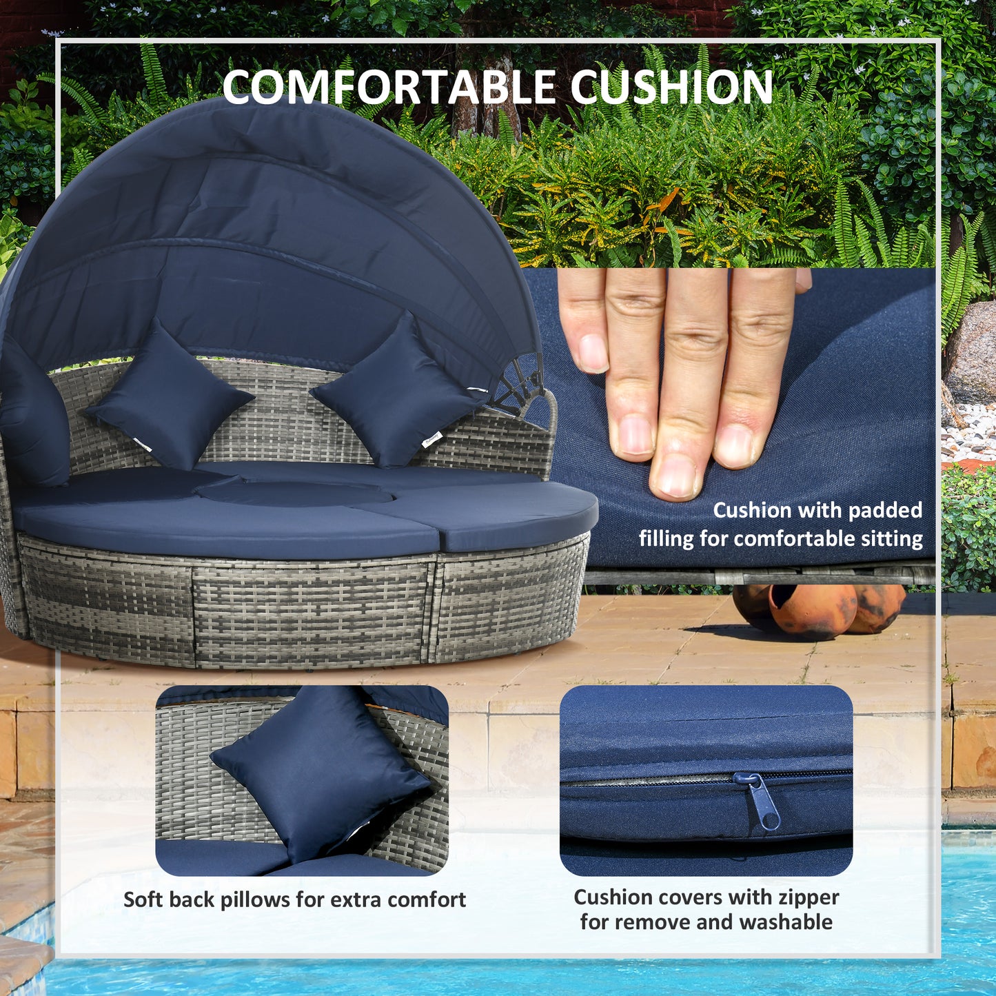 PE Rattan Wicker Outdoor Daybed with Retractable Canopy, Cushions, Dark Blue Daybeds   at Gallery Canada