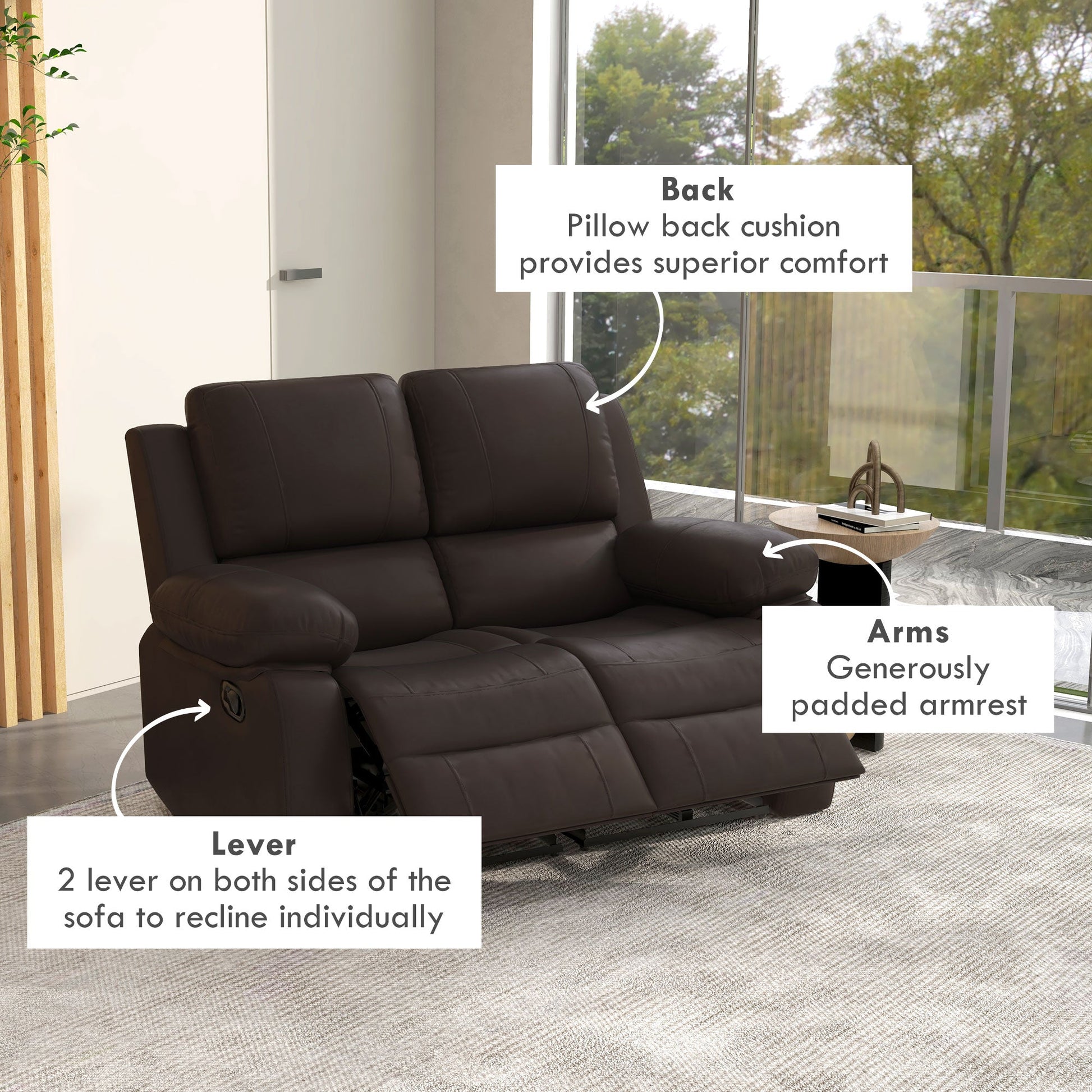 PU Leather Manual Recliner Sofa, Double Reclining Loveseat with Pullback Control Footrest for Living Room, Brown 2-Seater Sofas   at Gallery Canada