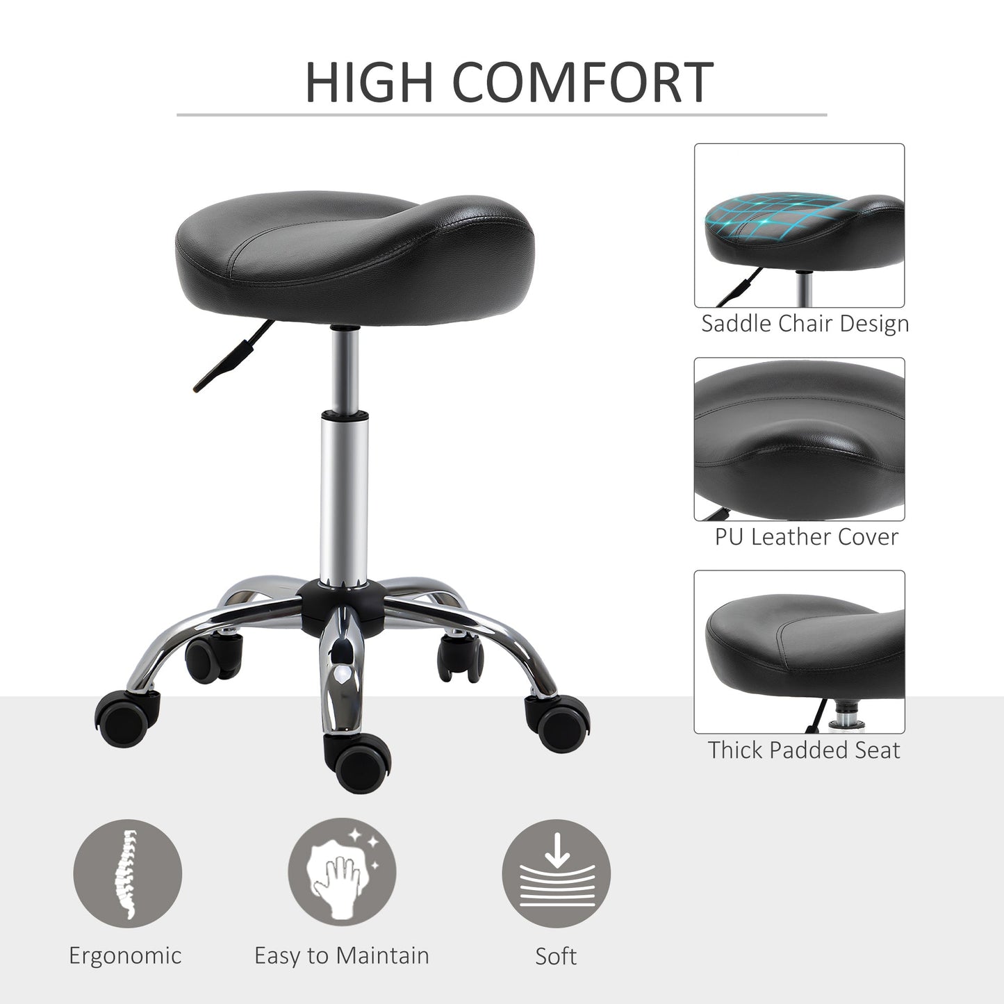 Saddle Stool, Height Adjustable Rolling Salon Chair with PU Leather for Massage, Spa, Clinic, Beauty and Tattoo, Black Salon Stools   at Gallery Canada