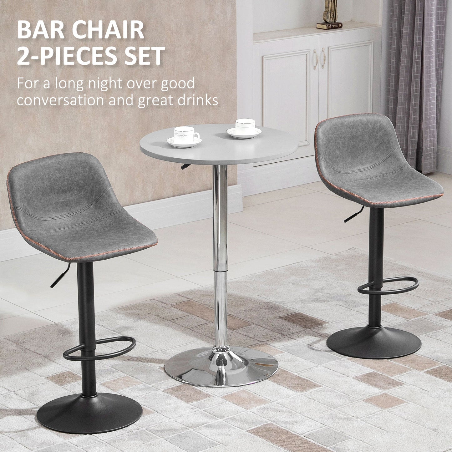 Bar Stools Set of 2, Swivel Counter Height Bar Stools, Adjustable Bar Chair with Back and PU Leather Upholstery for Kitchen and Home Bar, Grey Bar Stools   at Gallery Canada