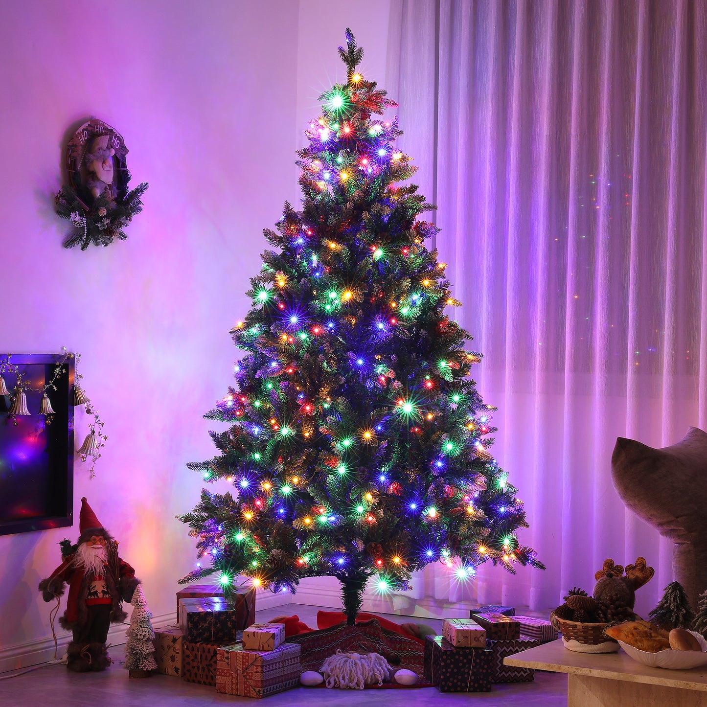 7 Foot Prelit Artificial Christmas Tree with Dual Colour LED Light, Hinged Xmas Tree for Home Office Holiday Pre Lit Christmas Trees   at Gallery Canada