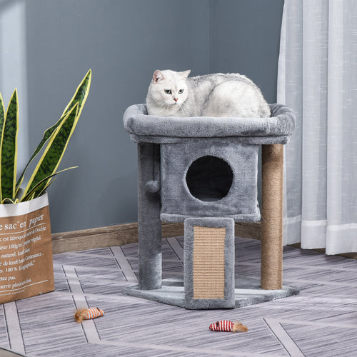 Cat Tree, Small Cat Tower with Perch, Scratching Post, Cat Condo, Toy Ball for Kitty, Indoor Use, Grey