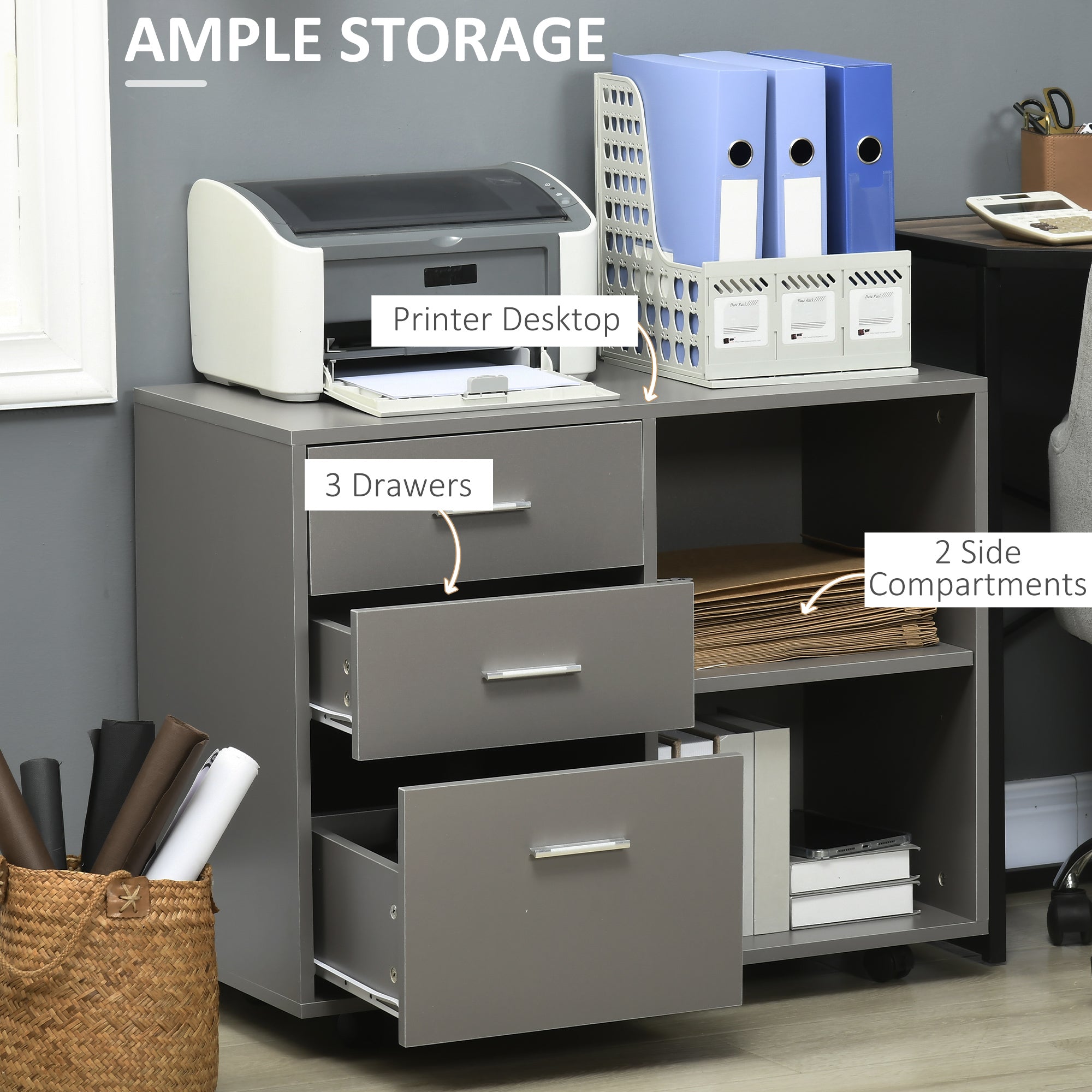 Modern Lateral Filing Cabinet, 3 Drawer File Cabinet for Letter and A4 Size Documents, Mobile, Printer Stand with Open Shelves, Rolling Wheels, Grey Office Cabinets & Cupboards at Gallery Canada