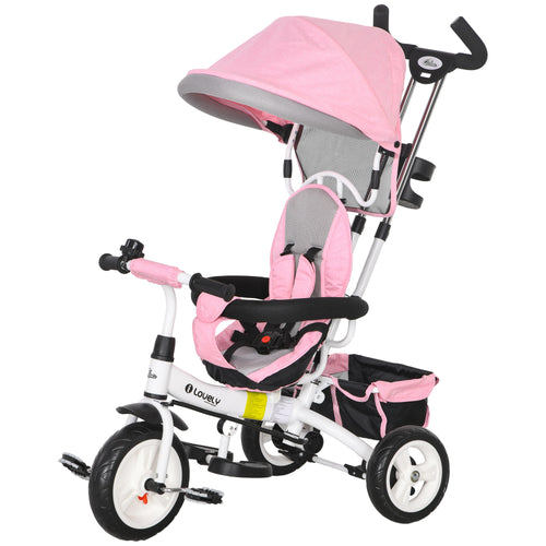 6 in 1 Toddler Tricycle Stroller with Basket, Canopy, 5-point Safety Harness, for 12-60 Months, Pink