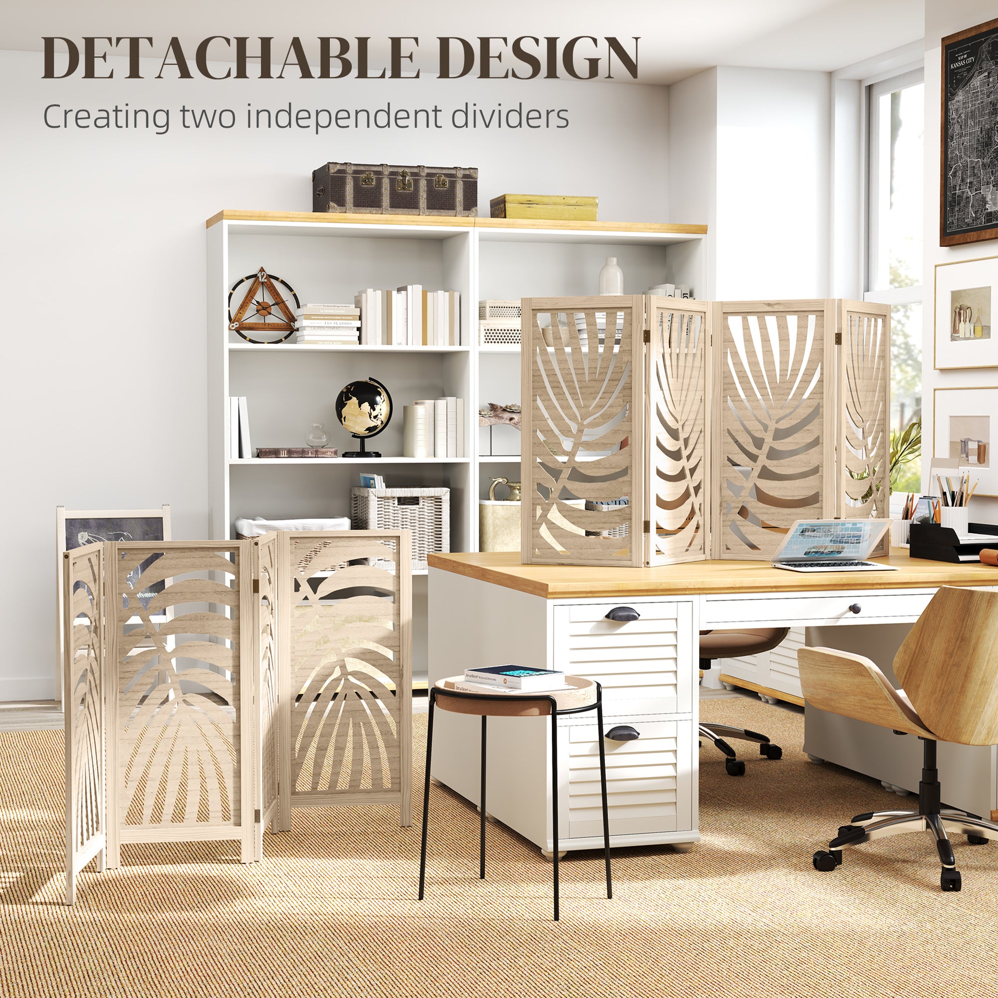 4 Panel Room Divider, Detachable Folding Privacy Screens with Palm Leaf Design for Home Office, Natural Wood Finish Room Dividers at Gallery Canada