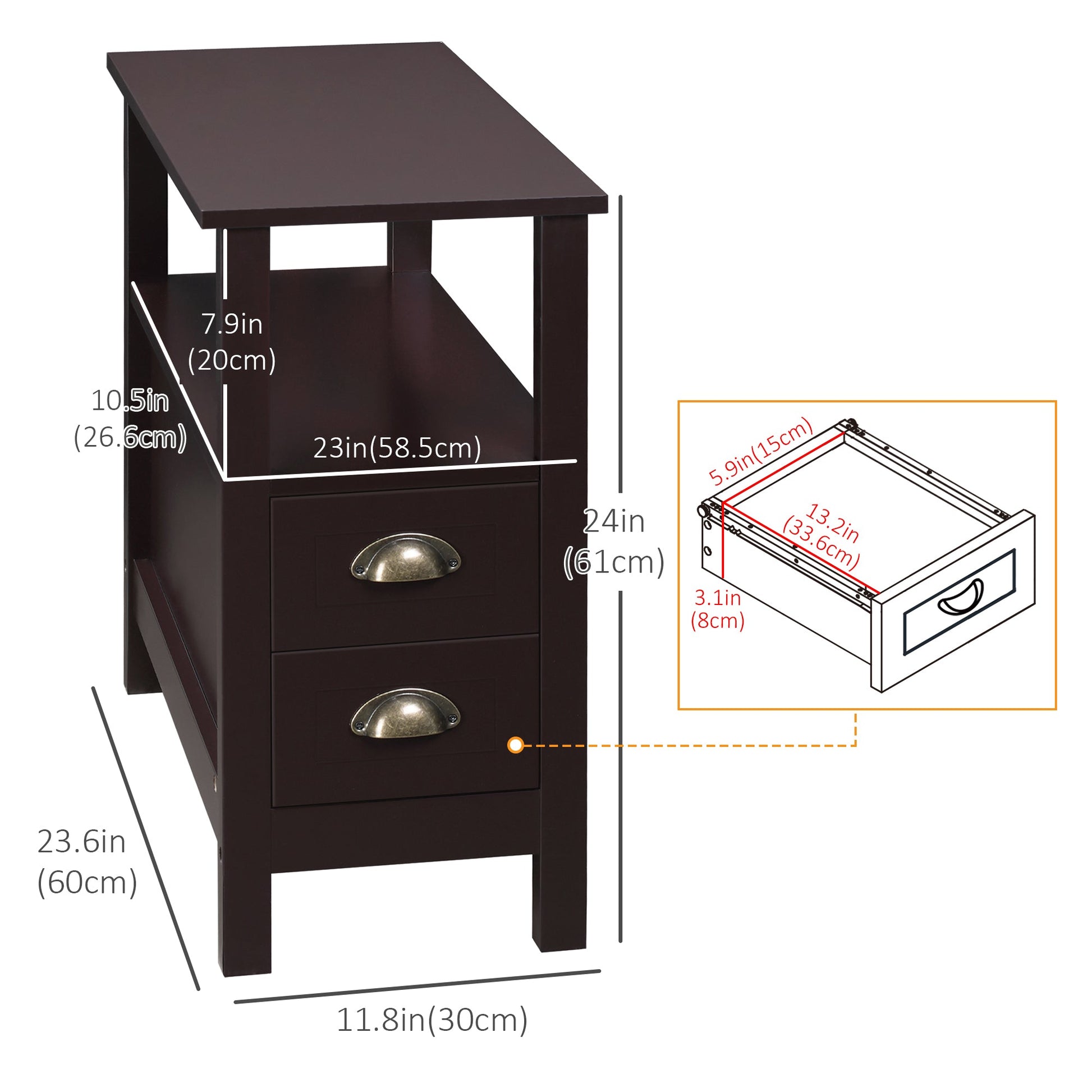 Slim End Table with 2 Drawers and Storage Shelf, Sofa Side Table for Living Room, Narrow Nightstand, Coffee Side Tables   at Gallery Canada