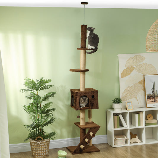 89"-104" Floor to Ceiling Cat Tree with Scratching Post, Cat House, 3-Steps, Hanging Ball, Perches, Anti-tip Kit, Brown Floor to Ceiling Cat Trees at Gallery Canada