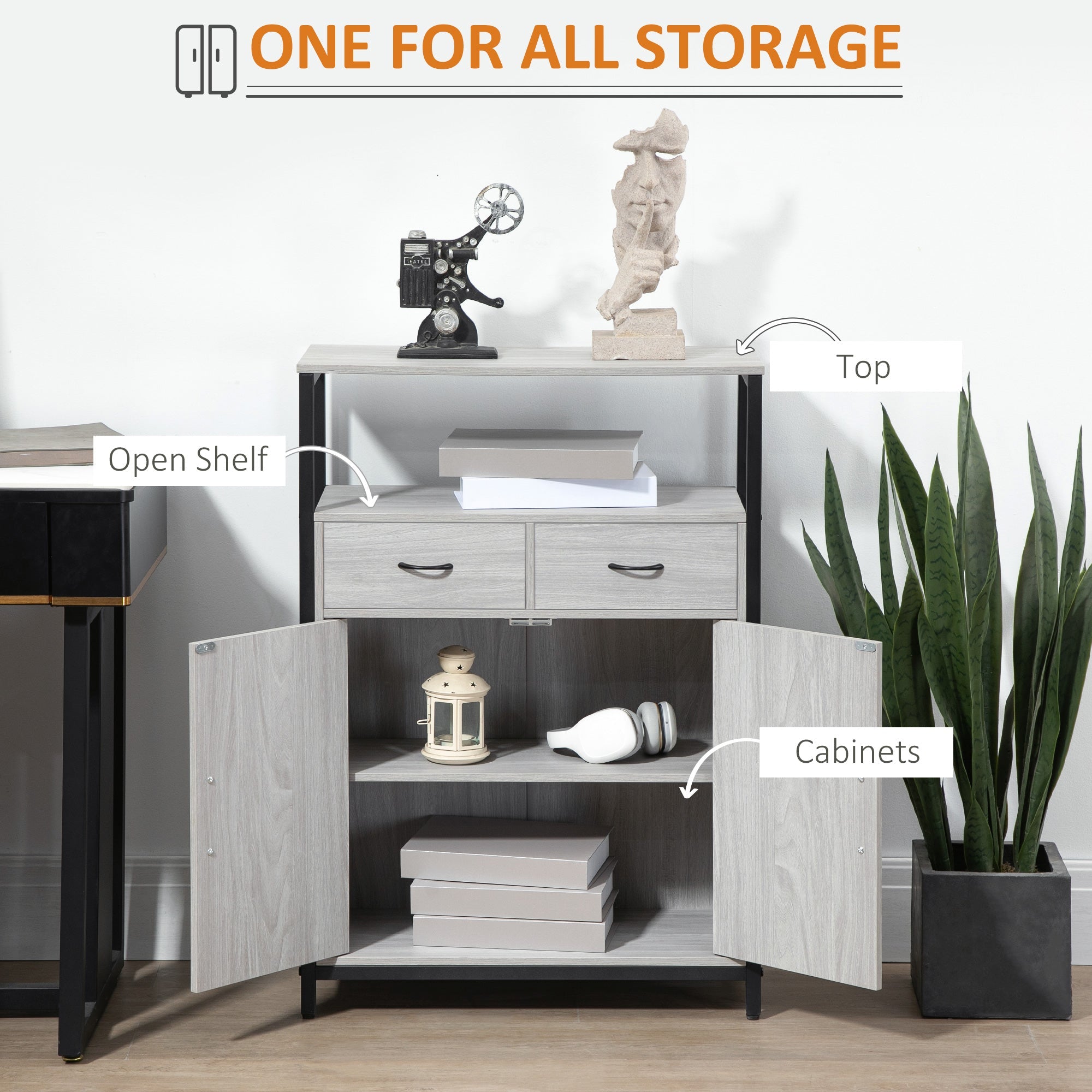 Storage Cabinet, Sideboard with 2 Drawers and Adjustable Shelves for Living Room, Light Grey Storage Cabinets   at Gallery Canada